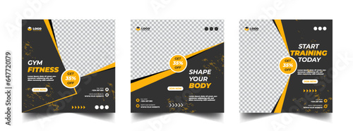 Gym, fitness, and sports social media post template design set. Usable for social media, banner, and website.
