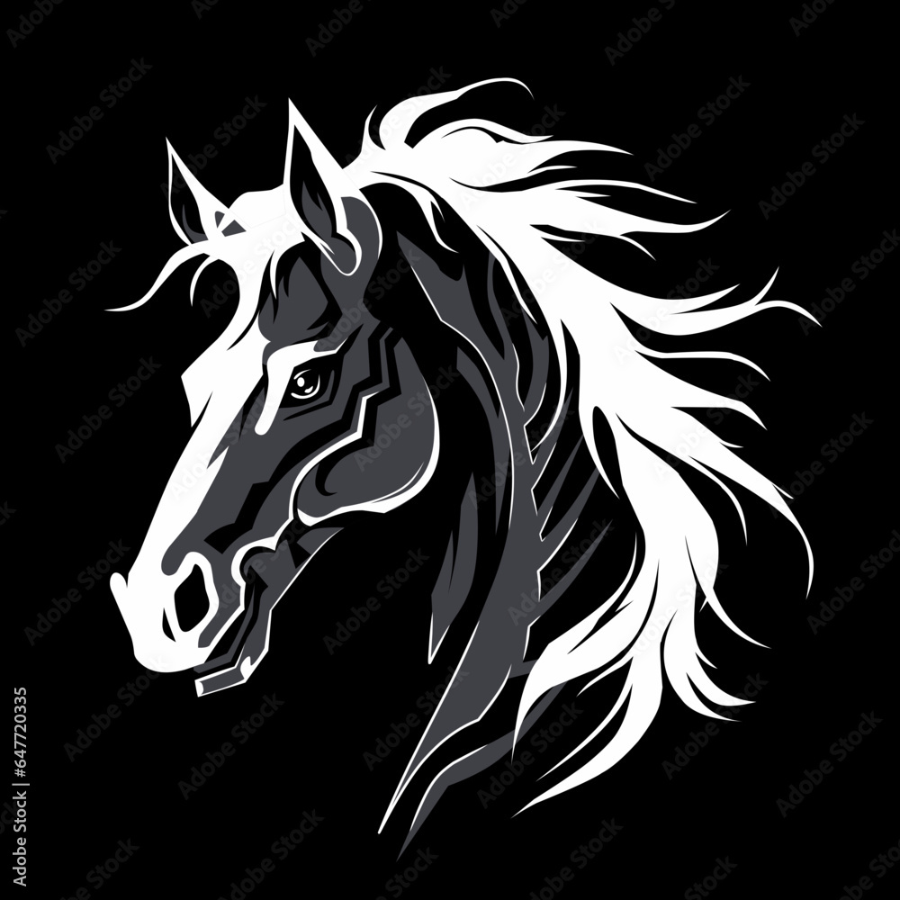 black and white illustration design of a horse on a black background black and white illustration design of a horse on a black background