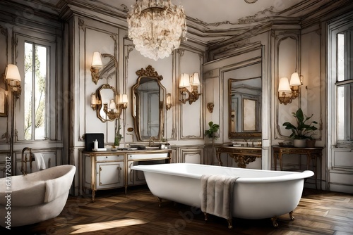 A Parisian chic bathroom with elegant furnishings and vintage accents.