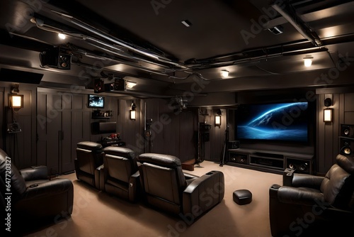 A garage converted into a home theater with surround sound.