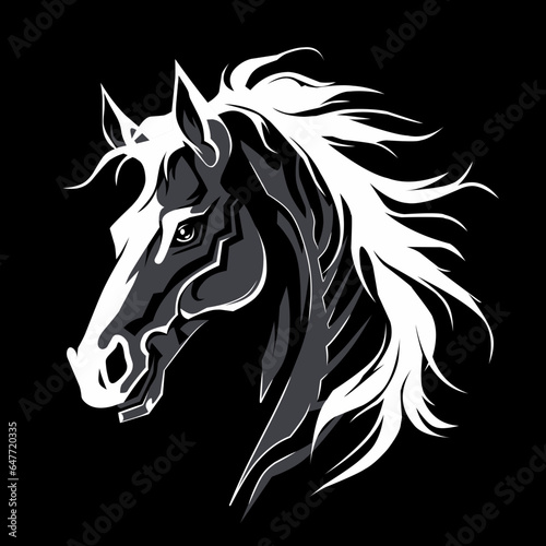 black and white illustration design of a horse on a black background