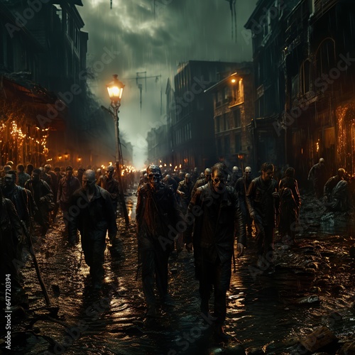 A dystopian apocalypse fantasy scene featuring a horde of menacing zombies slowly walking towards an uncertain target.Generated with AI © Chanwit