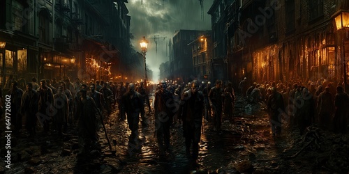 A dystopian apocalypse fantasy scene featuring a horde of menacing zombies slowly walking towards an uncertain target.Generated with AI © Chanwit