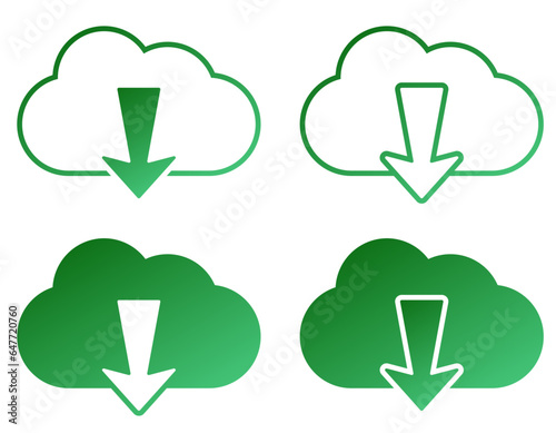 Green gradient clouds download. Set of icons. Vector clouds with arrows. Upload buttons