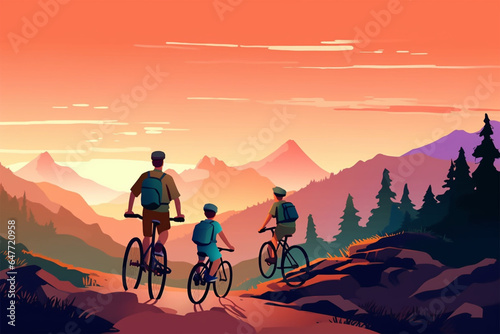 cartoon style of father and son cycling