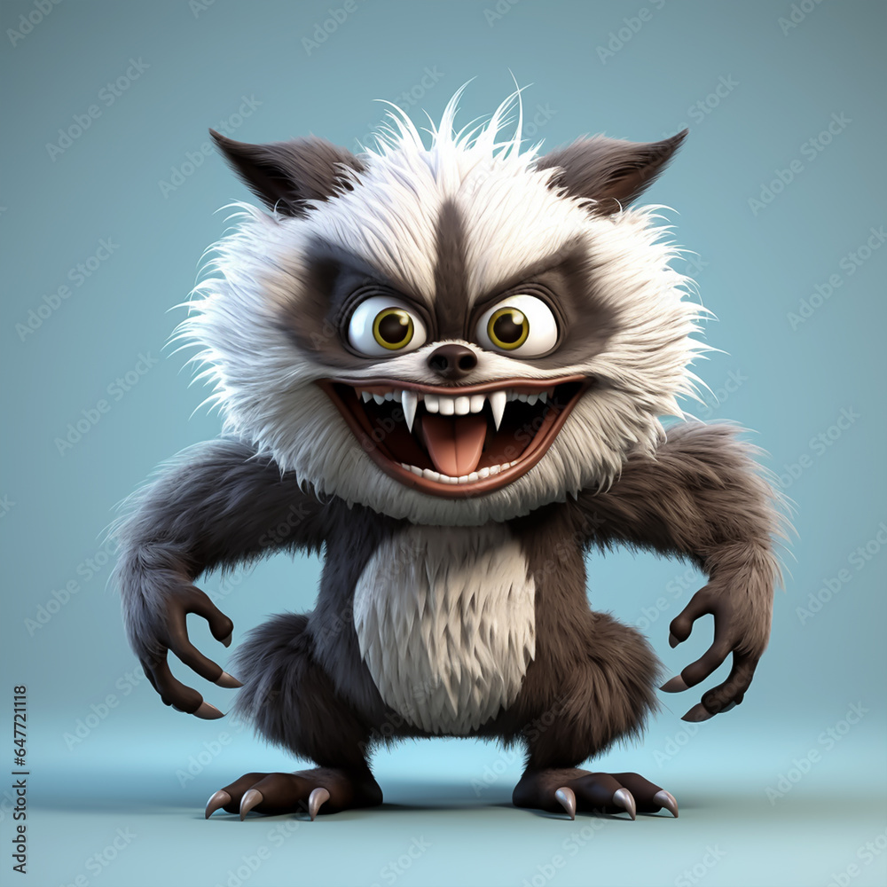 Fototapeta premium 3d cute cartoon raccoon monster realistic 3d monster 