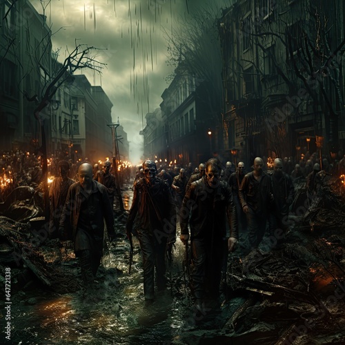 A dystopian apocalypse fantasy scene featuring a horde of menacing zombies slowly walking towards an uncertain target.Generated with AI