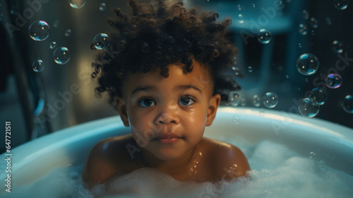 Toddler bathes in bathtub with foam and bubbles. Happy baby bath time