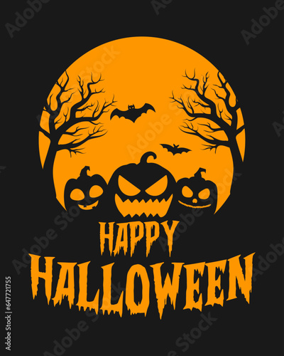 Happy Halloween text-font-pumpkin-sun-bat-tree-horror modern t-shirt vector design illustration graphic resorce photo