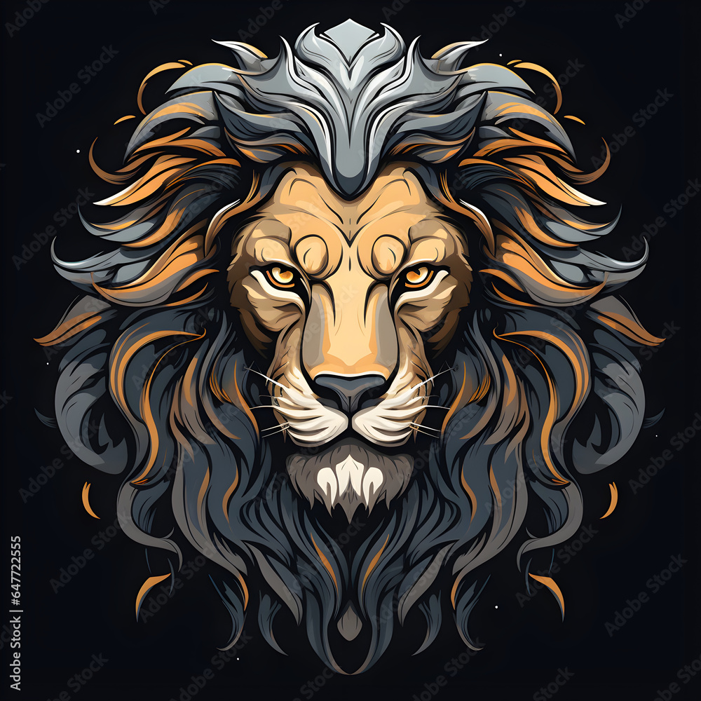 Colorful poster with lion portrait isolated on black background