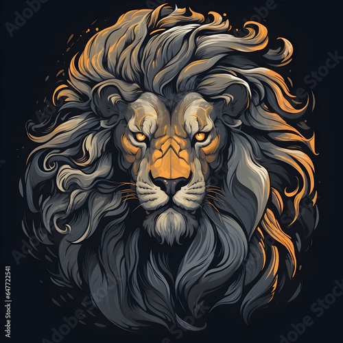 Colorful poster with lion portrait isolated on black background