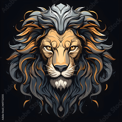 Colorful poster with lion portrait isolated on black background © Oksana