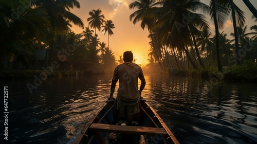  kerala fishman  sailing in backwaters, evening, sunset  photo