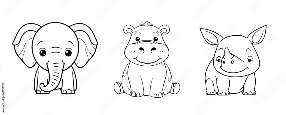 Cute funny elephant, rhinoceros and hippopotamus for coloring. Template for a coloring book with funny animals. Colouring page for kids created with generative AI.	
