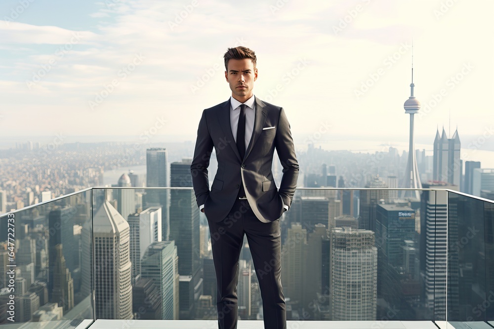 Confident businessman in a sharp suit, standing atop a modern skyscraper with a panoramic cityscape as the backdrop Confident businessman in a sharp suit, standing atop a modern skyscraper with a panoramic cityscape as the backdrop