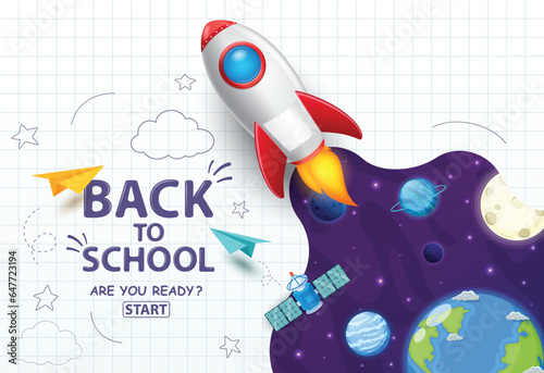 Back to school notebook banner with cartoon galaxy, space and astronaut