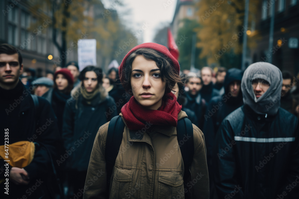 Woman activist leading a protest - obrazy, fototapety, plakaty 