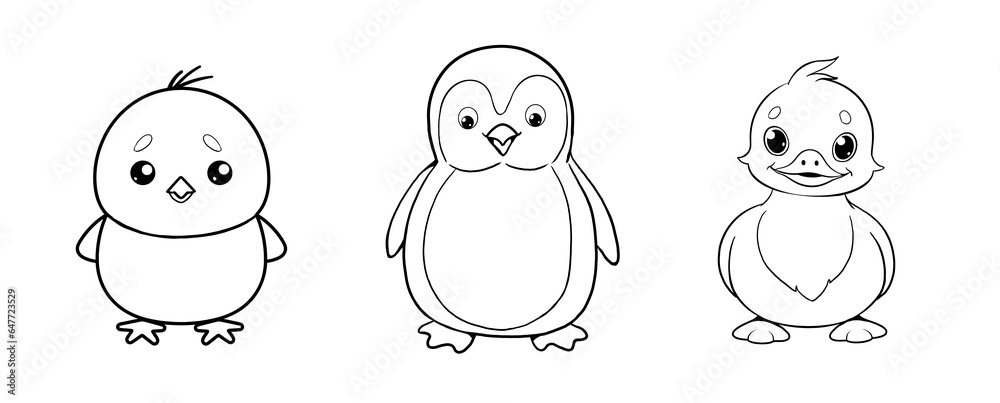 Cute funny chick, penguin and duckling for coloring. Template for a coloring book with funny animals. Colouring page for kids created with generative AI.	