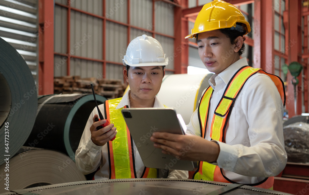 Skilled manager on job training young technician working in metal sheet production factory. Asian engineer and team standing in manufacturing facility talking product material protection in warehouse Skilled manager on job training young technician working in metal sheet production factory. Asian engineer and team standing in manufacturing facility talking product material protection in warehouse