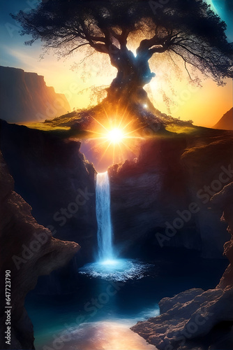 The Tree of Life in the Sun moon ocean, and galaxy universe is a dramatic fantasy waterfall.