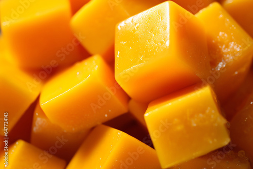 Close-up macro photo of mango fruit and mango cubes photo