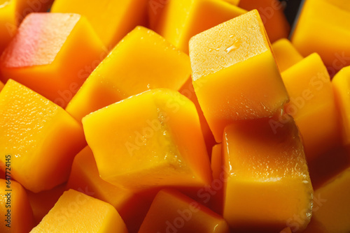 Close-up macro photo of mango fruit and mango cubes