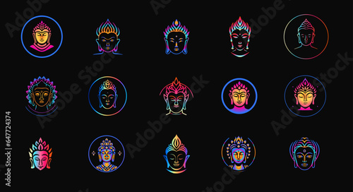 Spiritual face logo design, colorful deity silhouette. Budha and Shiva head icons set for yoga and relaxation, faith and culture. Vector logo collection.
