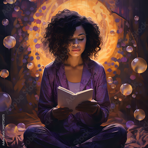 on a purple background a spiritual woman reading a magazine, dots of light around her model 2 photo