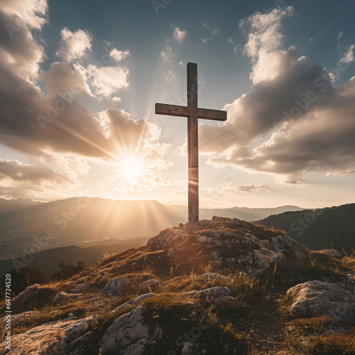 Silhouette of christian cross on a hill. Sunset, golden hour. Religion concept.