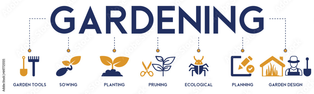 Gardening banner website icon vector illustration concept with icon of garden tools, sowing, planting, pruning, ecological, planning and garden design on white background Gardening banner website icon vector illustration concept with icon of garden tools, sowing, planting, pruning, ecological, planning and garden design on white background
