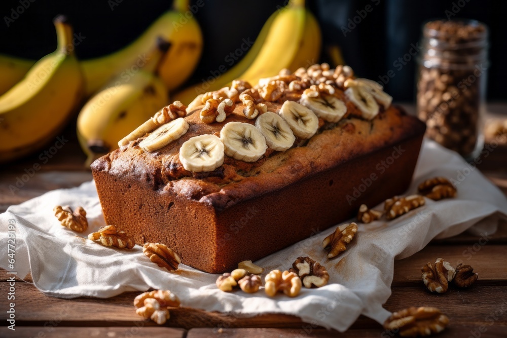 Chocolate banana bread with walnuts on a wooden board and ingredients on a piece of cloth - obrazy, fototapety, plakaty 