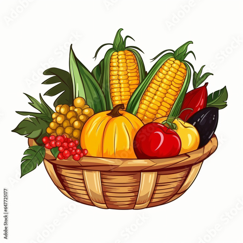 Illustration of a basket full of fresh vegetables on a white background