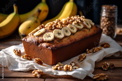 Chocolate banana bread with walnuts on a wooden board and ingredients on a piece of cloth