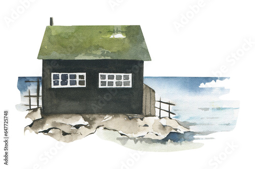 Watercolor beach house illustration, vacation clipart png, summer sea resort. Nautical design.