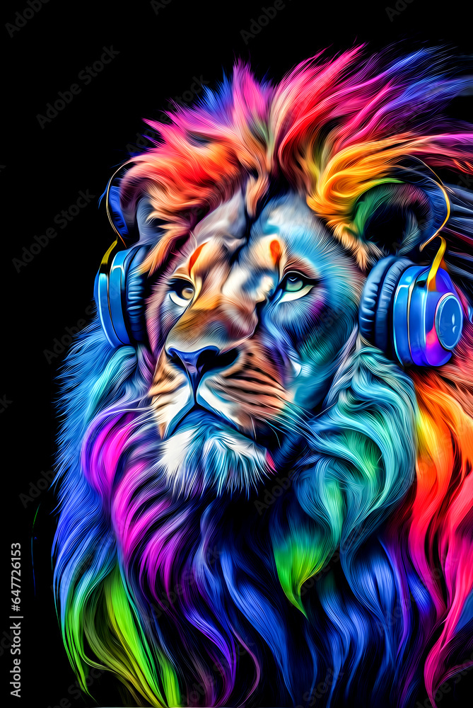 RGB Colorful Lion Portrait art wearing Heaphones Listening Music