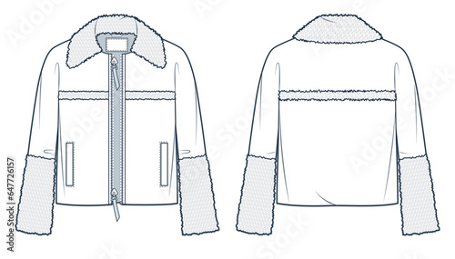 Jacket with Faux Fur technical fashion illustration. Coat, Leather Bomber fashion flat technical drawing template, pocket, zipper, front and back view, white, women, men, unisex CAD mockup.