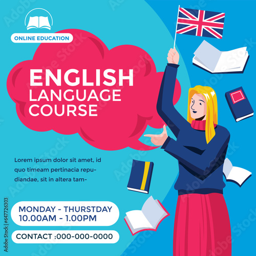 Online English Language Course Webinar Poster Design great for Social Media Post Template