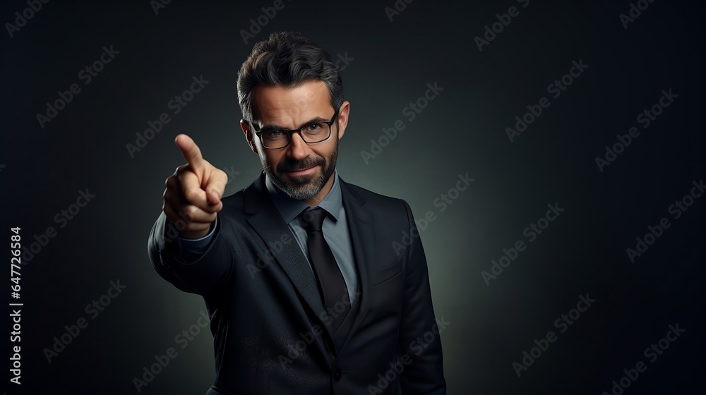 Handsome businessman in suit pointing finger at camera on dark background Handsome businessman in suit pointing finger at camera on dark background