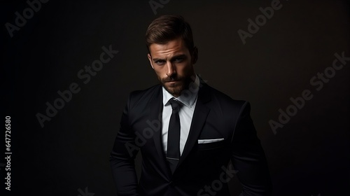 Portrait of a handsome man in a black suit on a dark background