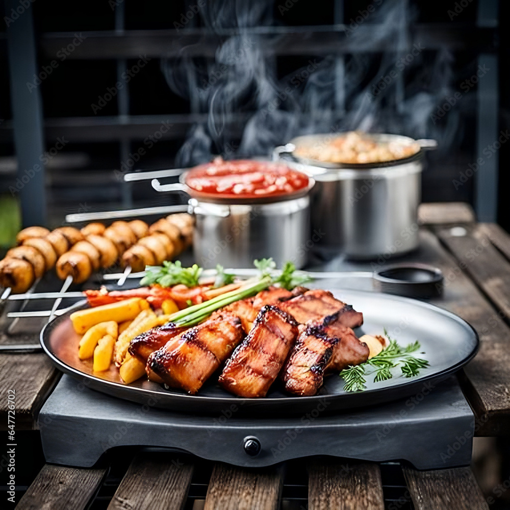 Churrasco com alguns legumes ao lado feito em um ambiente rústico  com panelas ao lado com vapor