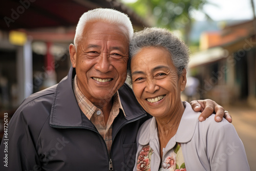 Cheerful aged diverse couple standing closely on street