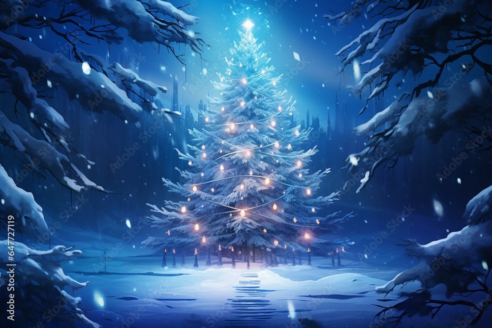 Festive tree adorned with decorations and snowflakes against a blue backdrop, illuminated by dazzling lights. Generative AI