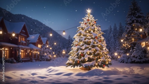 Decorated christmas tree with lights covered with snow.