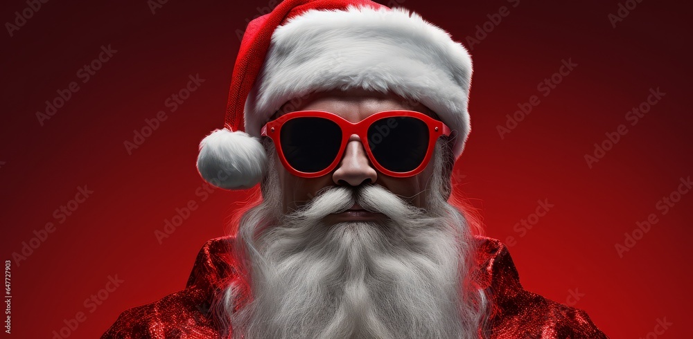 Santa claus wearing sunglasses on red background