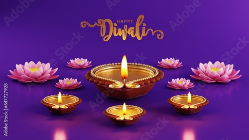 3D rendering for diwali festival Diwali, Deepavali or Dipavali the festival of lights india with gold diya patterned on color Background.