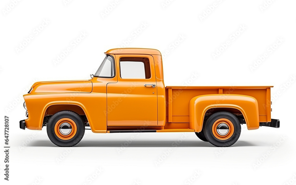 old yellow truck, Pickup Truck Clasic Isolated (side view). 3D rendering. Yellow truck isolated on white..