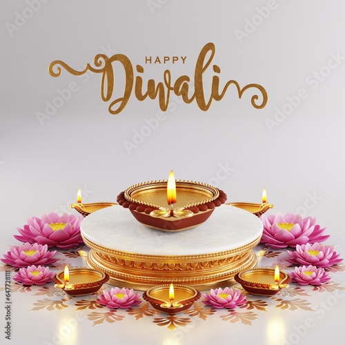 3D rendering for diwali festival Diwali, Deepavali or Dipavali the festival of lights india with gold diya patterned on color Background.