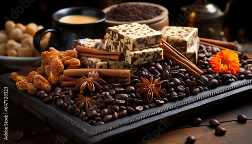 Still life of coffee, spices and sweets. Freshly roasted coffee beans with nuts, oriental sweets, cinnamon sticks, cardamom and other spices on a wooden table