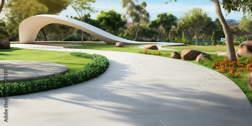 Walkway and landscape in garden, park. Also called path, footpath, pathway or concrete pavement floor. Include natural plant, flower, bush, lawn and grass. Landscaping design idea for outdoor. 