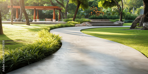Walkway and landscape in garden, park. Also called path, footpath, pathway or concrete pavement floor. Include natural plant, flower, bush, lawn and grass. Landscaping design idea for outdoor. 